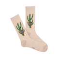 A pair of beige crew socks featuring a whimsical design of cacti holding signs that say 'Free Hugs'.