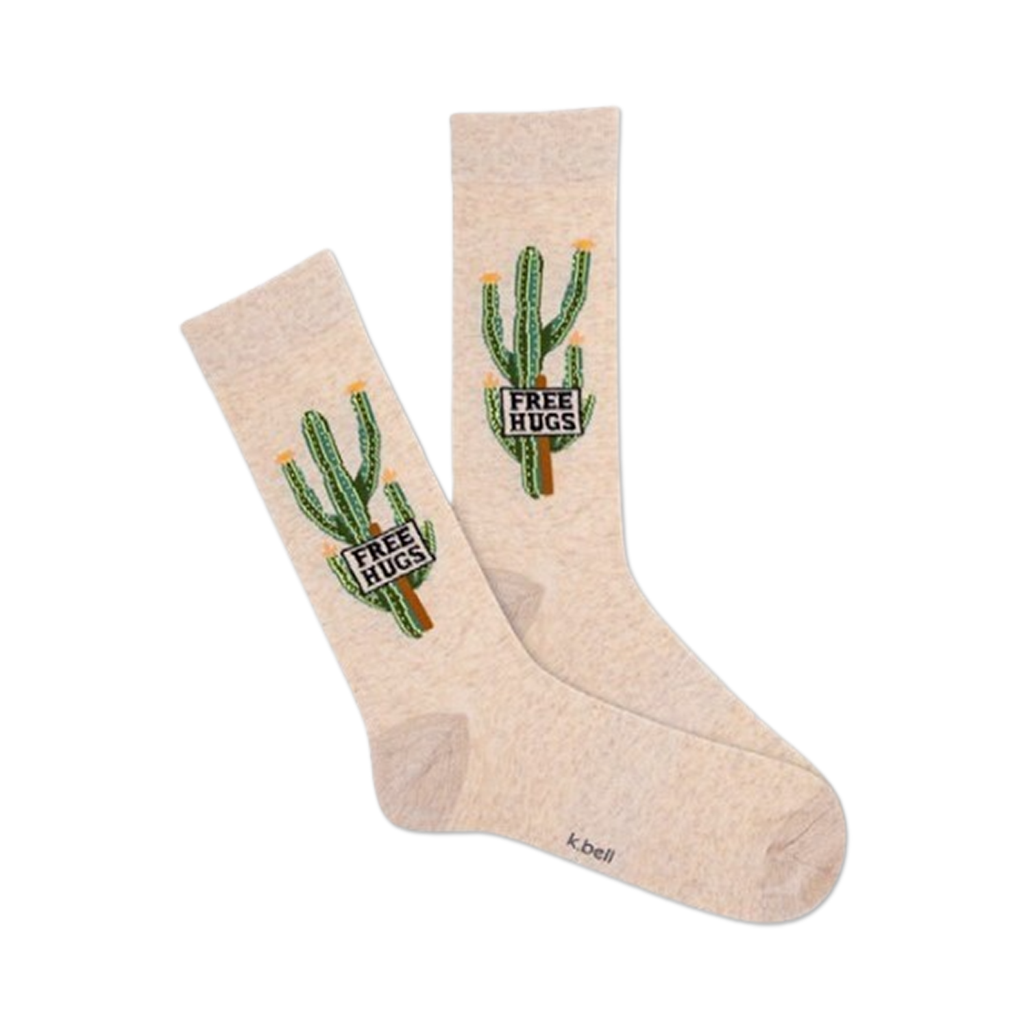 A pair of beige crew socks featuring a whimsical design of cacti holding signs that say 'Free Hugs'.