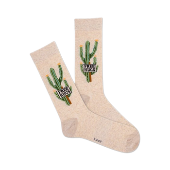  gray crew socks with green cacti, pink flowers, and a 'free hugs' message on the soles.  