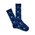 Pair of navy blue crew socks with a repeating pattern of teal palm trees and golfers. Fun and playful design.