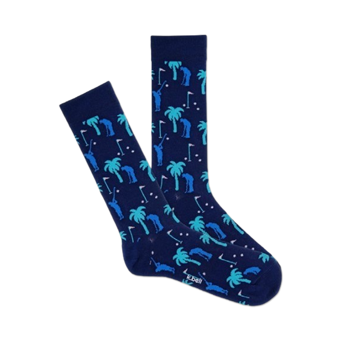 Pair of navy blue crew socks with a repeating pattern of teal palm trees and golfers. Fun and playful design.