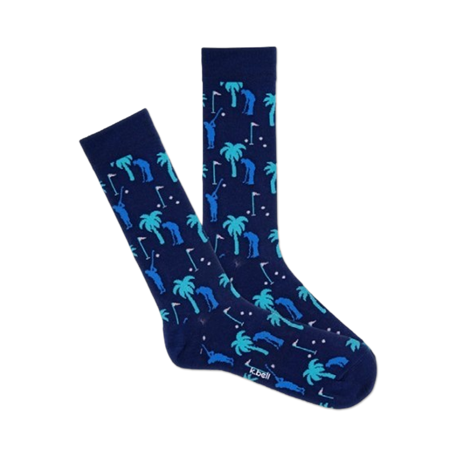 Pair of navy blue crew socks with a repeating pattern of teal palm trees and golfers. Fun and playful design.