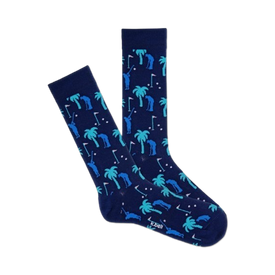 mens golf paradise socks display dark blue with golfers and palm trees pattern on a crew length sock.  