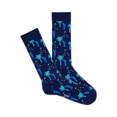 mens golf paradise socks display dark blue with golfers and palm trees pattern on a crew length sock.  