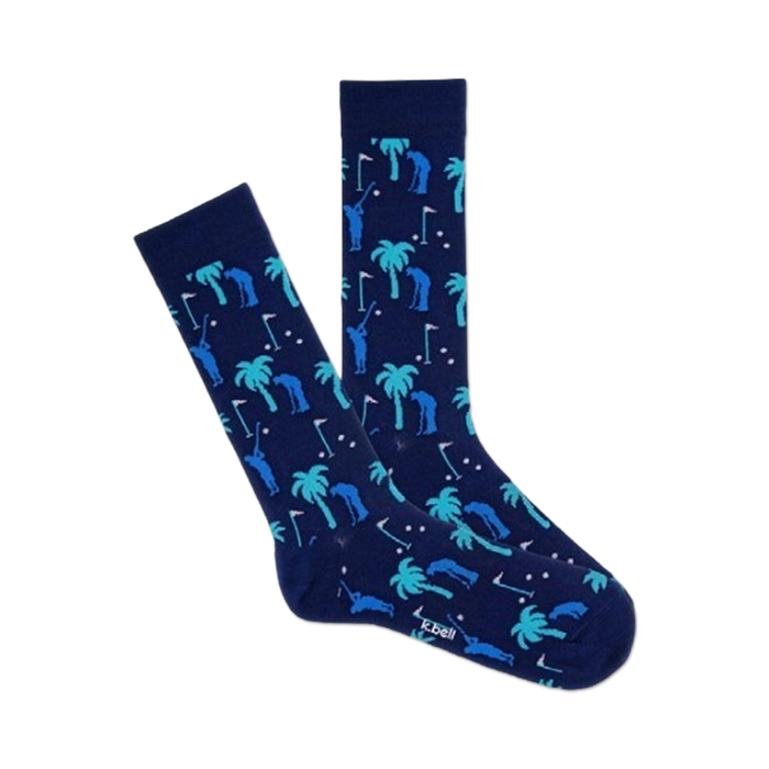 mens golf paradise socks display dark blue with golfers and palm trees pattern on a crew length sock.   }}