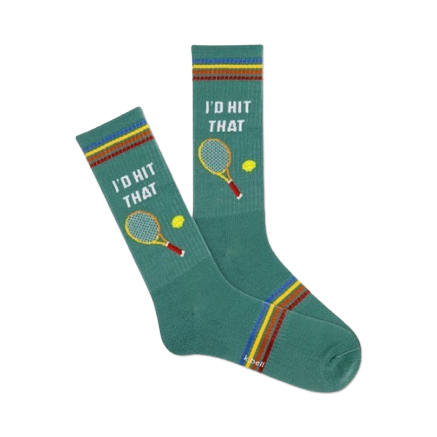 Pair of teal crew socks with a tennis racket and ball graphic and 'I'd Hit That' text. Features orange, yellow, and red stripes at the cuff.