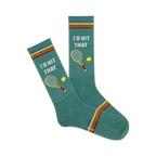 Pair of teal crew socks with a tennis racket and ball graphic and 'I'd Hit That' text. Features orange, yellow, and red stripes at the cuff.