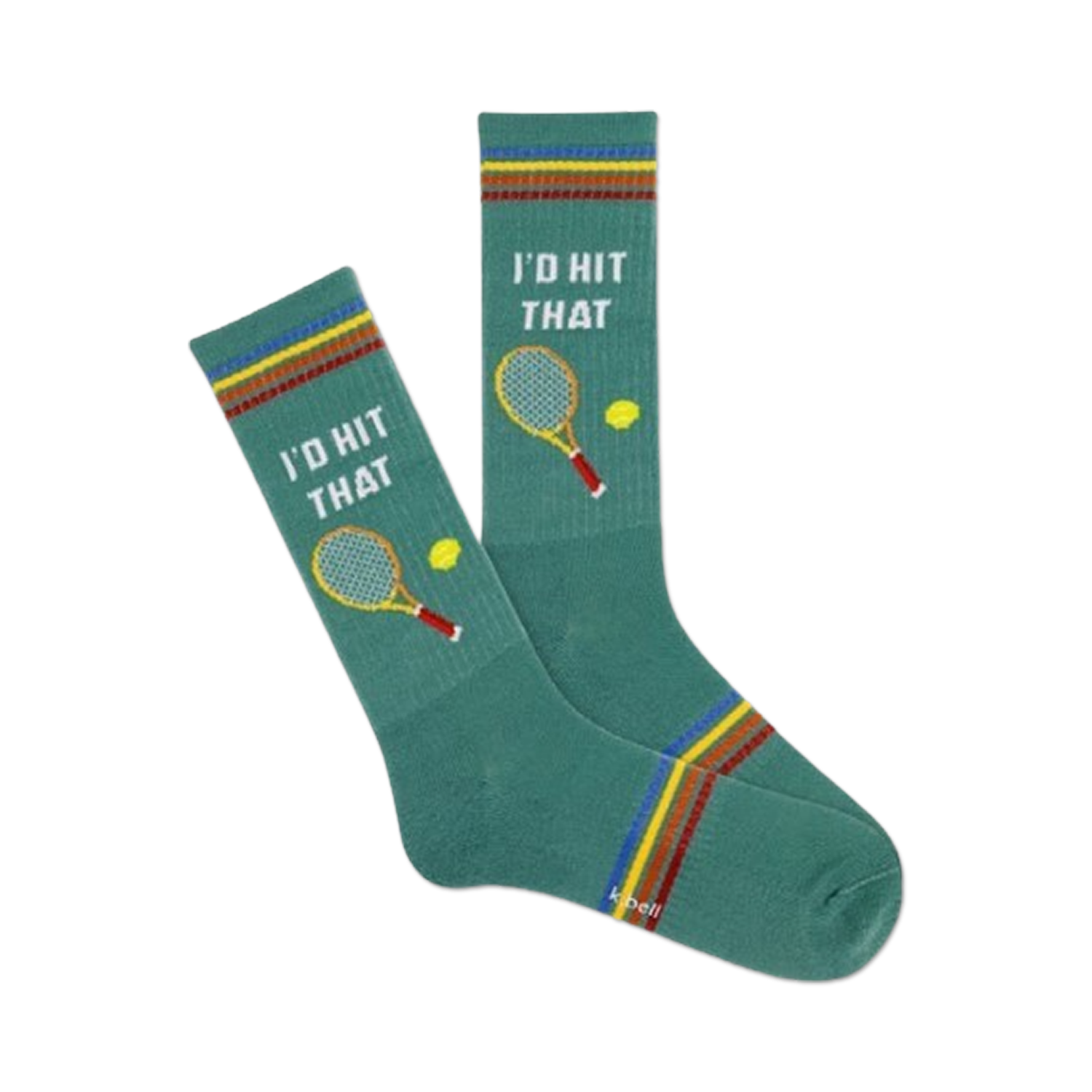 Pair of teal crew socks with a tennis racket and ball graphic and 'I'd Hit That' text. Features orange, yellow, and red stripes at the cuff.
