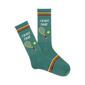 green crew socks for men with multicolored stripes and a tennis racket and ball graphic. text on socks reads 'i'd hit that'.  