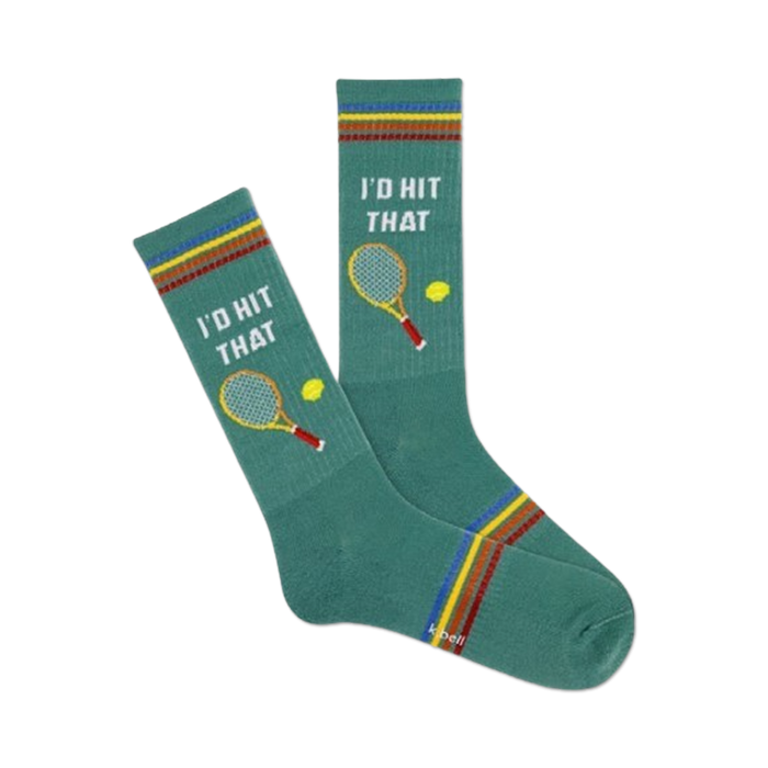 green crew socks for men with multicolored stripes and a tennis racket and ball graphic. text on socks reads 'i'd hit that'.  