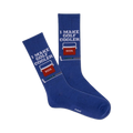A pair of navy blue crew socks with a white 'I Make Golf Cooler' and beer cooler graphic. 