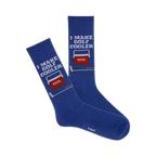 A pair of navy blue crew socks with a white 'I Make Golf Cooler' and beer cooler graphic. 