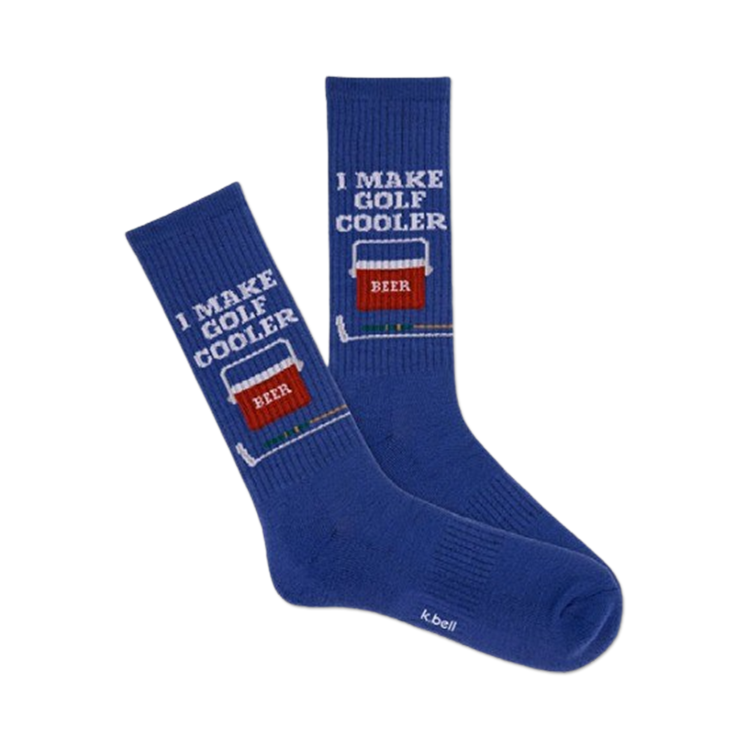 A pair of navy blue crew socks with a white 'I Make Golf Cooler' and beer cooler graphic. 