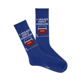 blue crew socks for men with "i make golf cooler" and a cooler with the word "beer".  