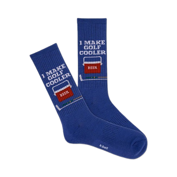blue crew socks for men with "i make golf cooler" and a cooler with the word "beer".  