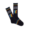 Pair of black crew socks with colorful golfer graphic and 'Swing Swear Repeat' text.  Features rainbow stripes at the cuff.