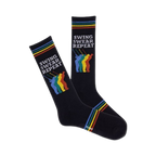 Pair of black crew socks with colorful golfer graphic and 'Swing Swear Repeat' text.  Features rainbow stripes at the cuff.