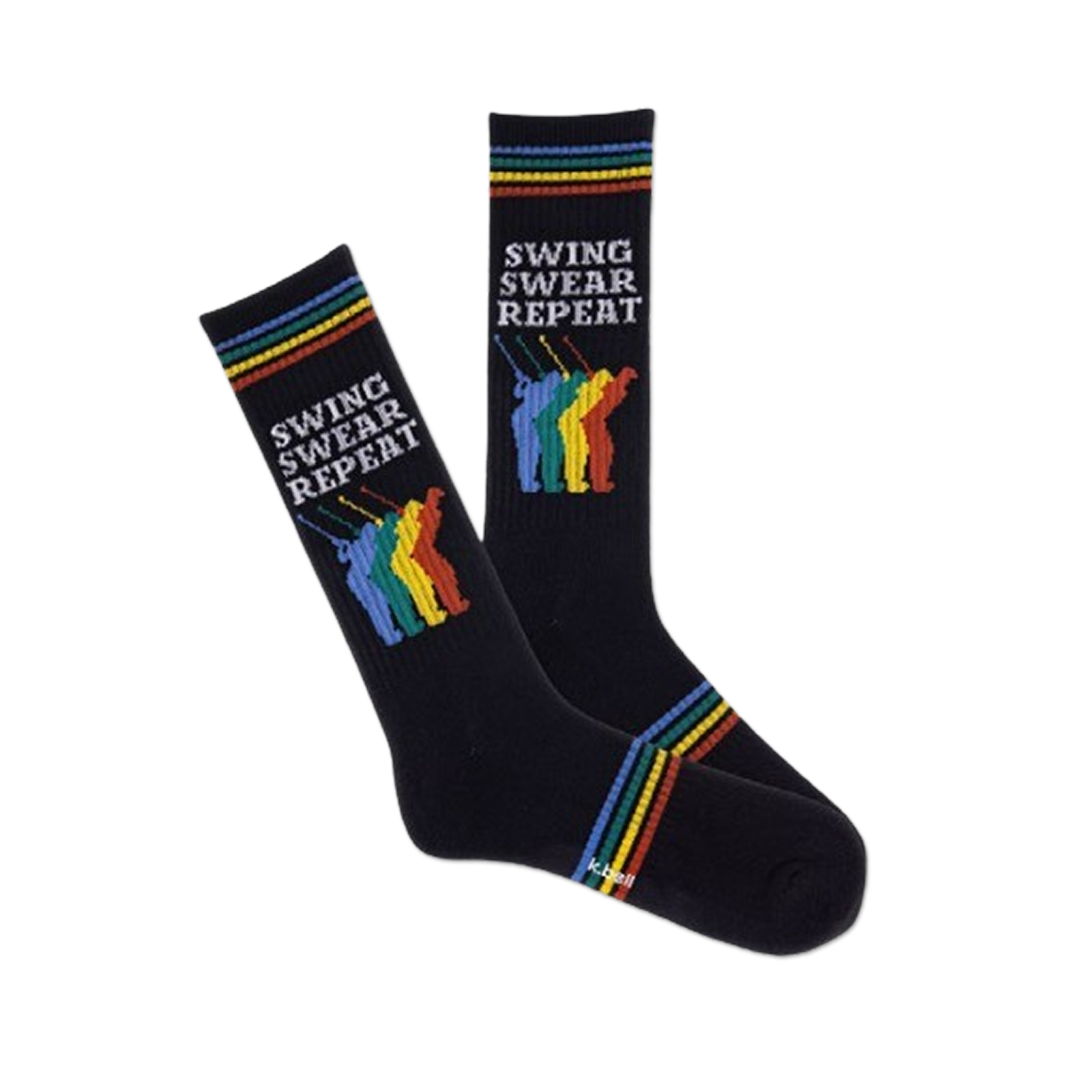Pair of black crew socks with colorful golfer graphic and 'Swing Swear Repeat' text.  Features rainbow stripes at the cuff.