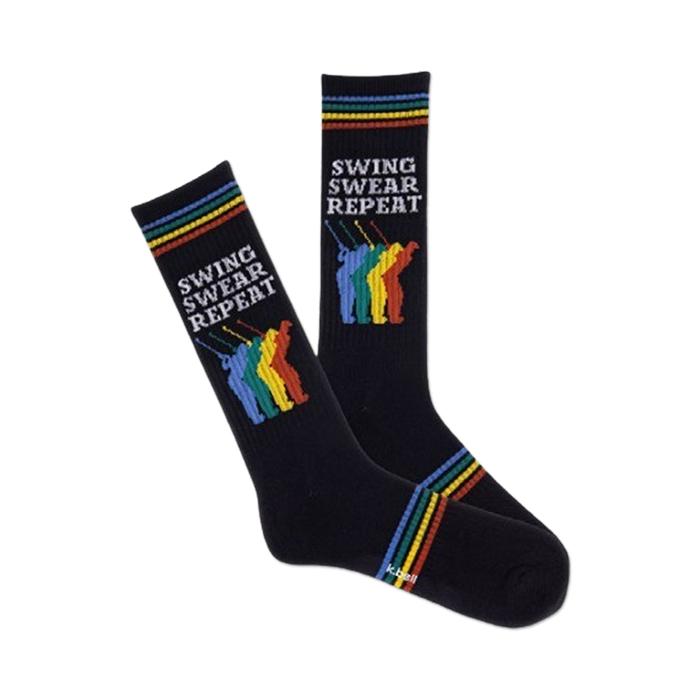 black crew socks with colorful striped pattern and 'swing, swear, repeat' in rainbow lettering. made from cotton with cushioned sole. for men.  