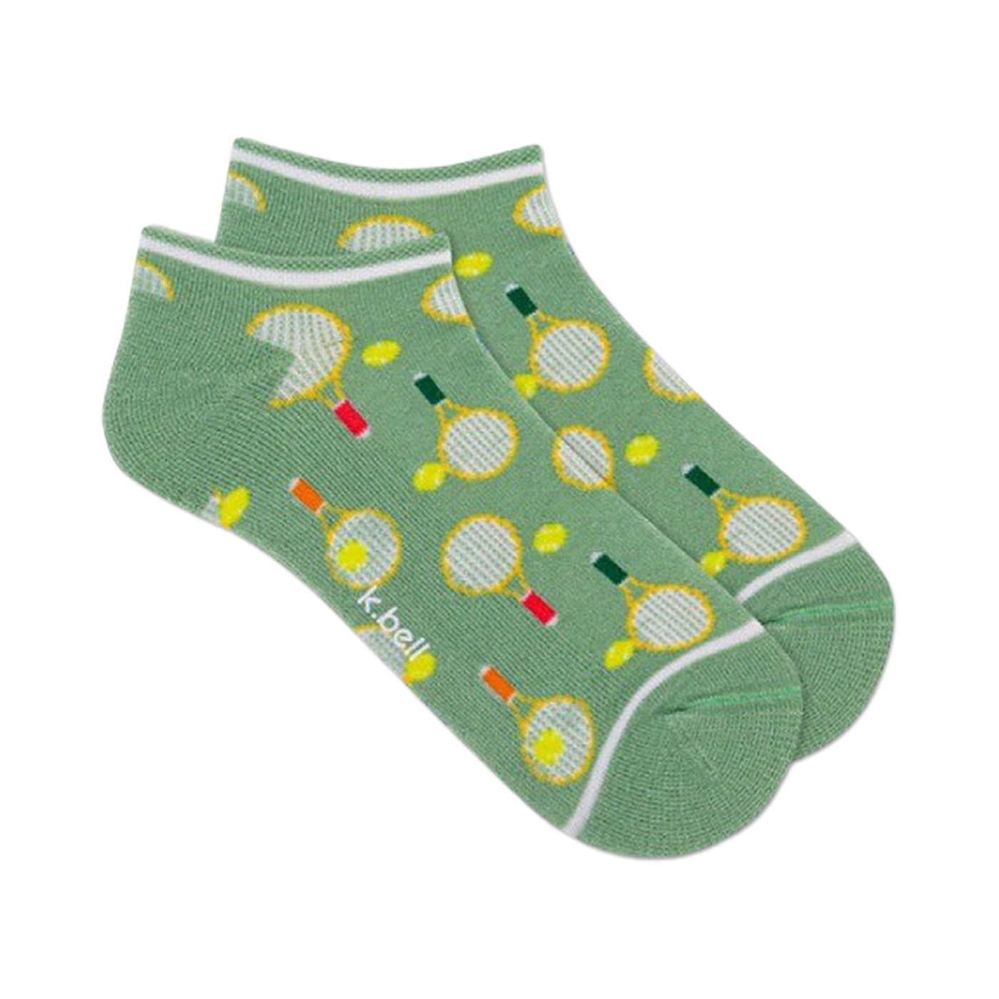 Pair of sage green ankle socks with a fun tennis racket and ball design. White trim at the top.
