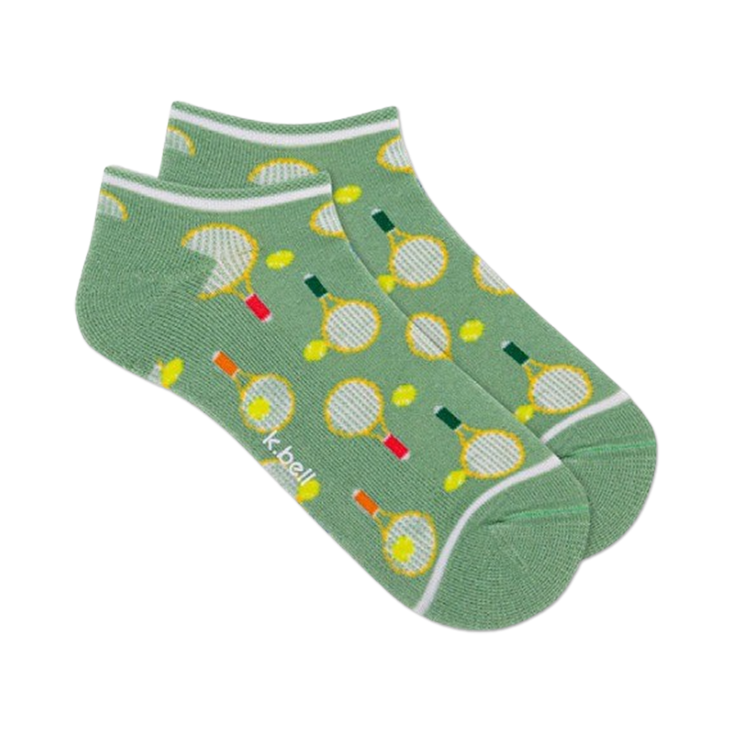 Pair of sage green ankle socks with a fun tennis racket and ball design. White trim at the top.