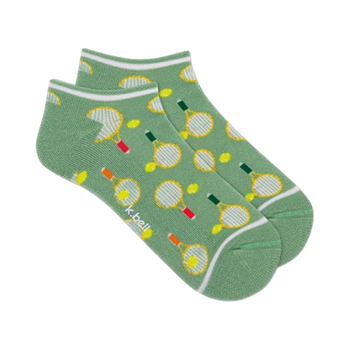 womens green ankle socks with pattern of tennis balls and rackets.  