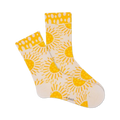 Cream crew socks with a yellow sunburst pattern.  The design includes small yellow dots at the top of the sock.