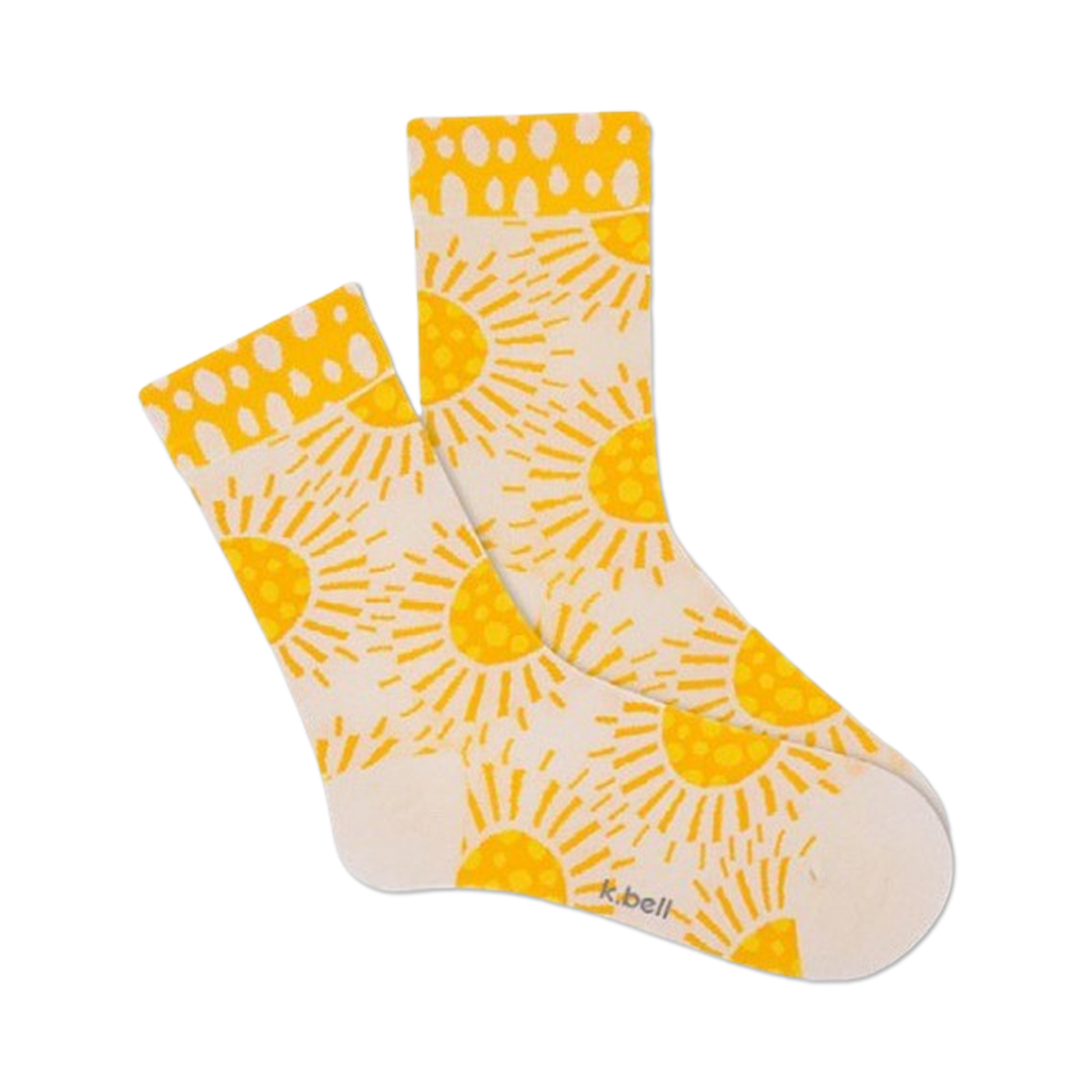 Cream crew socks with a yellow sunburst pattern.  The design includes small yellow dots at the top of the sock.
