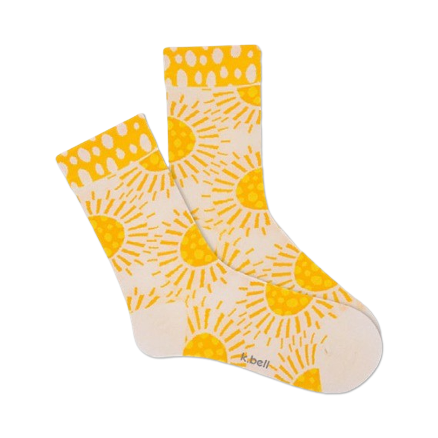 Cream crew socks with a yellow sunburst pattern.  The design includes small yellow dots at the top of the sock.