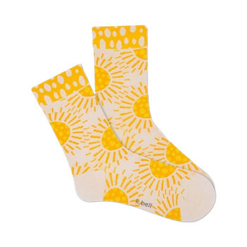 white crew socks feature cheerful yellow sun pattern, simple faces, triangle-shaped rays.  