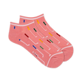 Pair of pink ankle socks with a white band and a pattern of colorful golf clubs. 