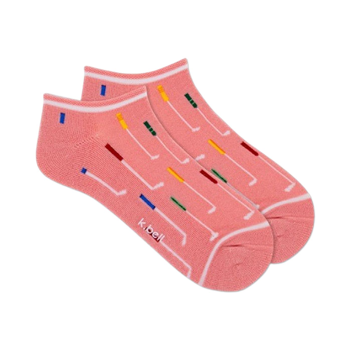 Pair of pink ankle socks with a white band and a pattern of colorful golf clubs. 