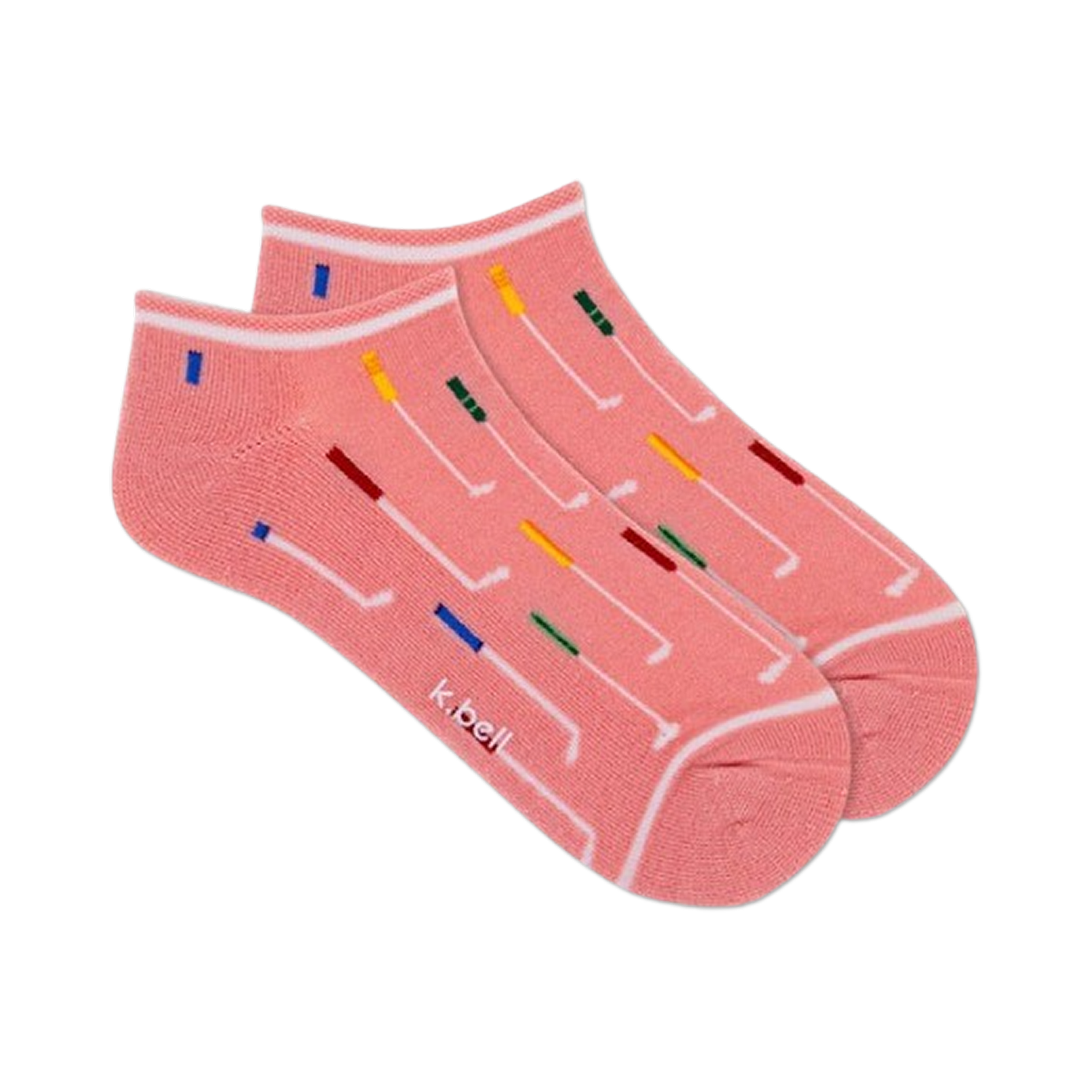 Pair of pink ankle socks with a white band and a pattern of colorful golf clubs. 