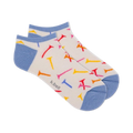 Pair of women's white ankle socks with a scattered pattern of colorful tee shapes and light blue cuffs.