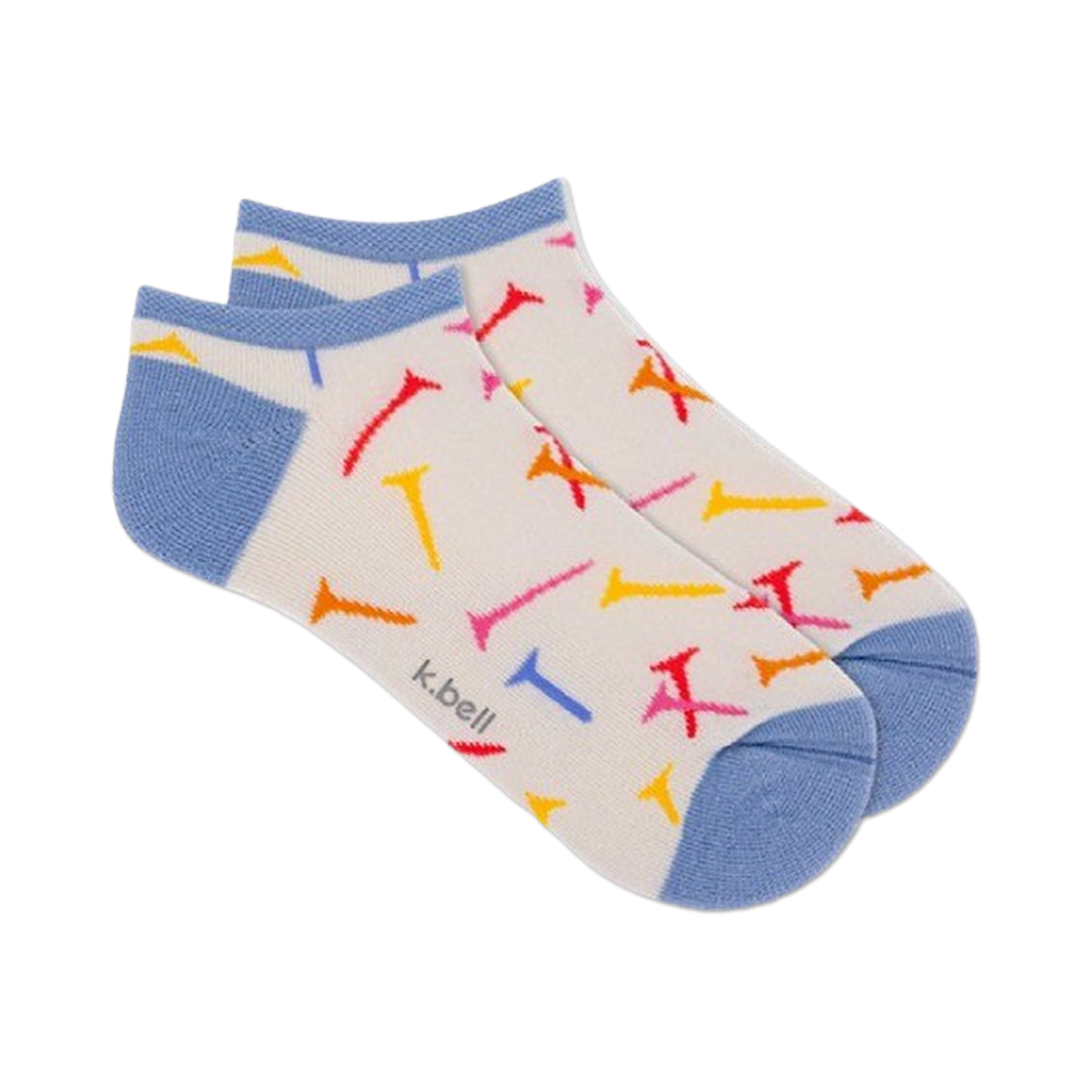 Pair of women's white ankle socks with a scattered pattern of colorful tee shapes and light blue cuffs.