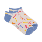 Pair of women's white ankle socks with a scattered pattern of colorful tee shapes and light blue cuffs.