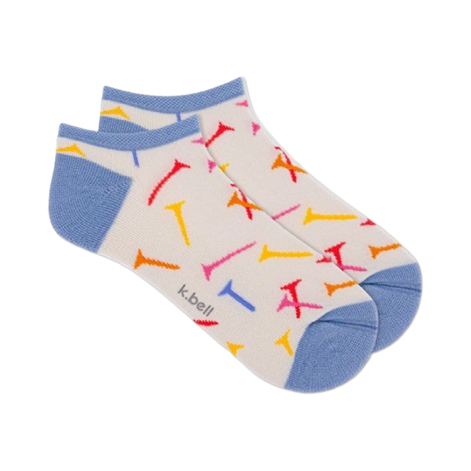 Pair of women's white ankle socks with a scattered pattern of colorful tee shapes and light blue cuffs.