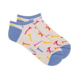 white ankle socks with scattered golf tee pattern and blue heel and toe.  