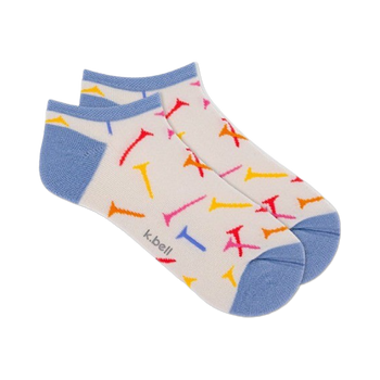 white ankle socks with scattered golf tee pattern and blue heel and toe.  