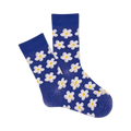 Pair of navy blue crew socks with a white daisy pattern. 