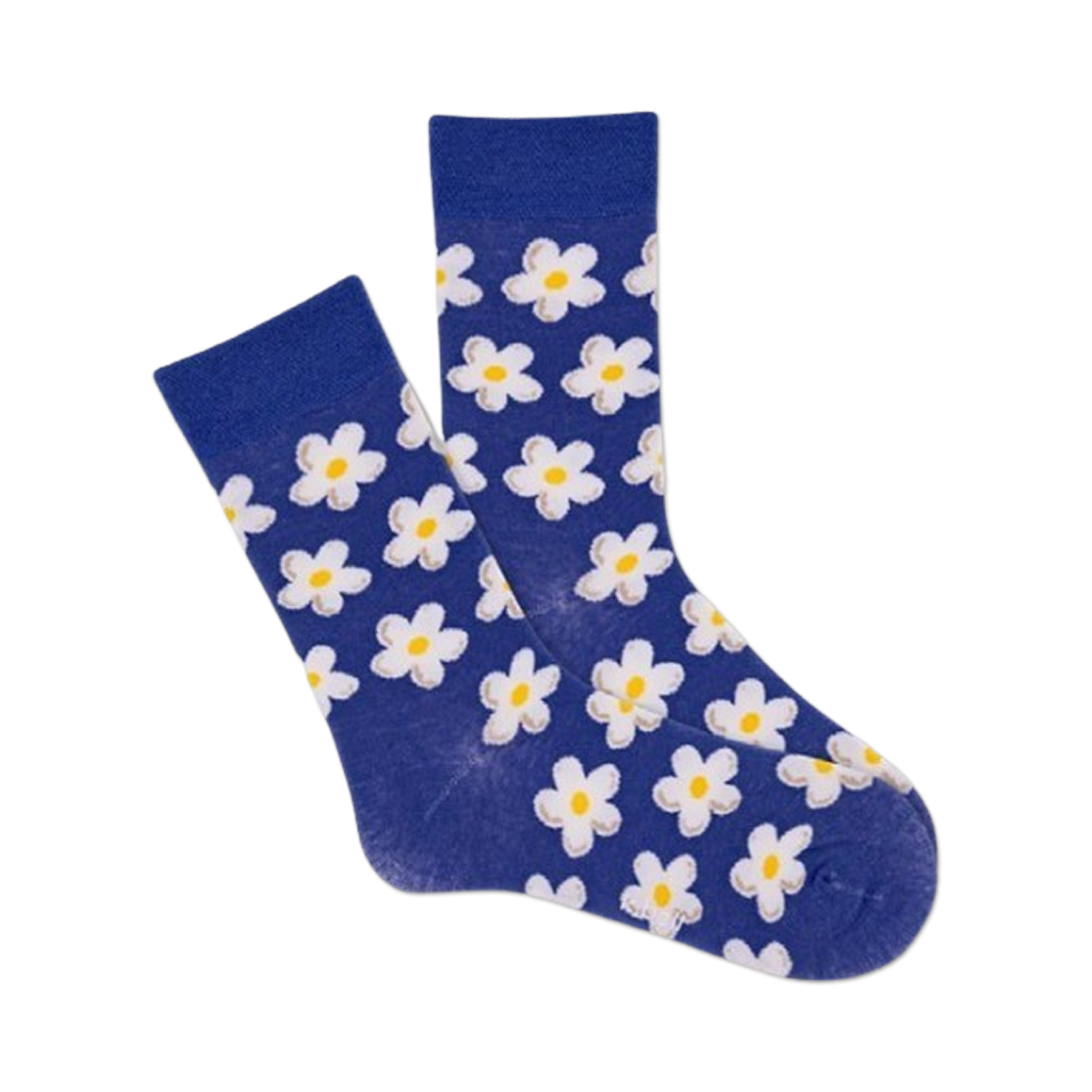 Pair of navy blue crew socks with a white daisy pattern. 