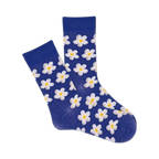 Pair of navy blue crew socks with a white daisy pattern. 