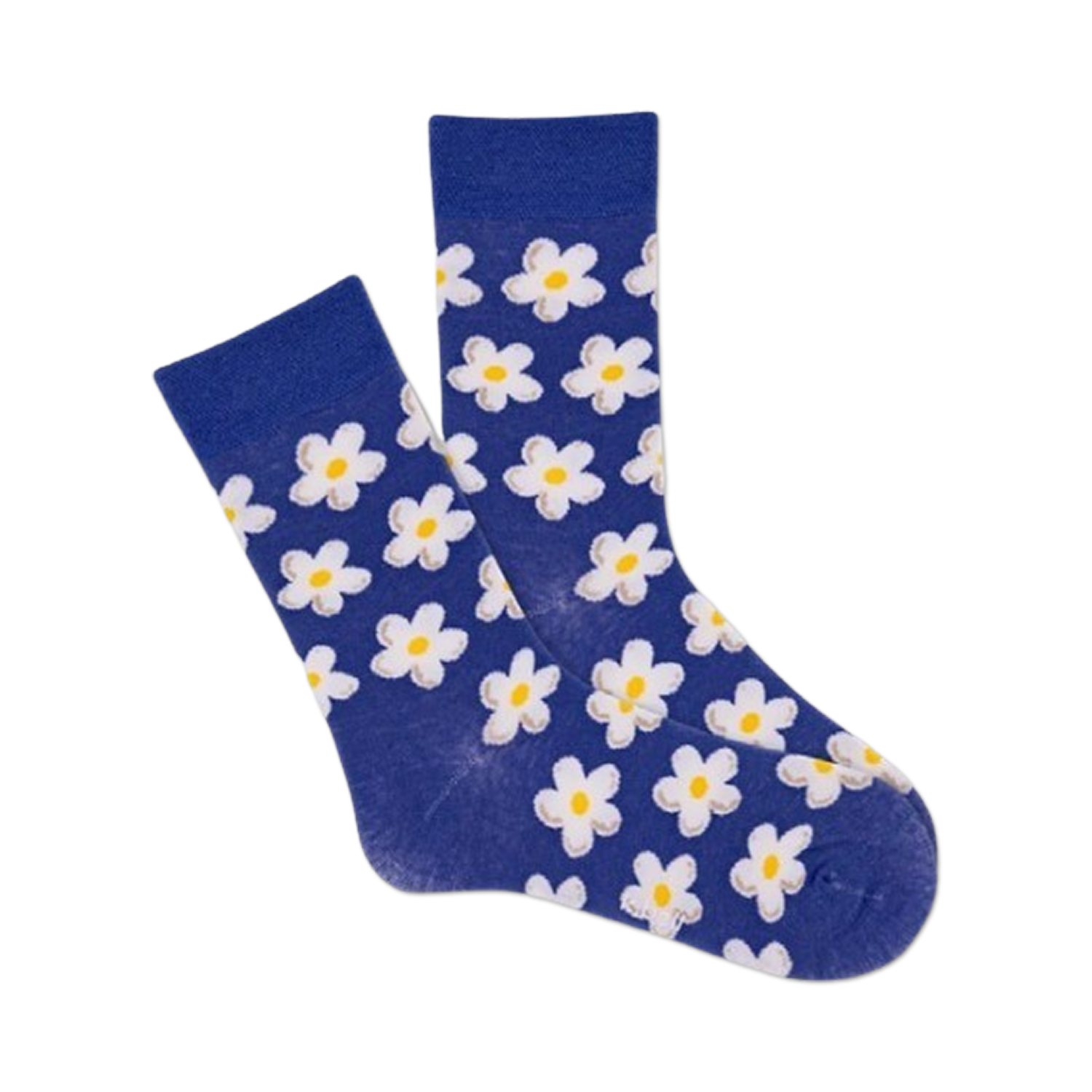 Pair of navy blue crew socks with a white daisy pattern. 
