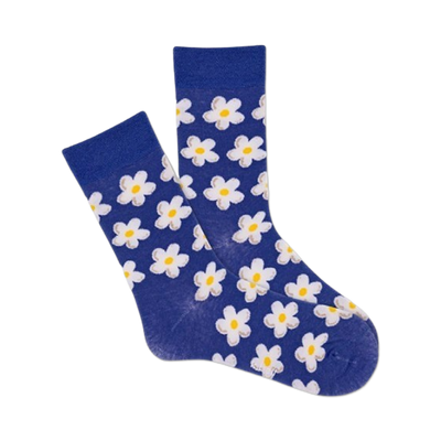 daisy dot women's crew socks - blue and white daisy pattern  