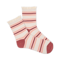 Pair of women's ribbed quarter socks in cream and dusty rose, featuring horizontal stripes and a delicate crochet lace trim at the top.