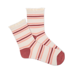 Pair of women's ribbed quarter socks in cream and dusty rose, featuring horizontal stripes and a delicate crochet lace trim at the top.