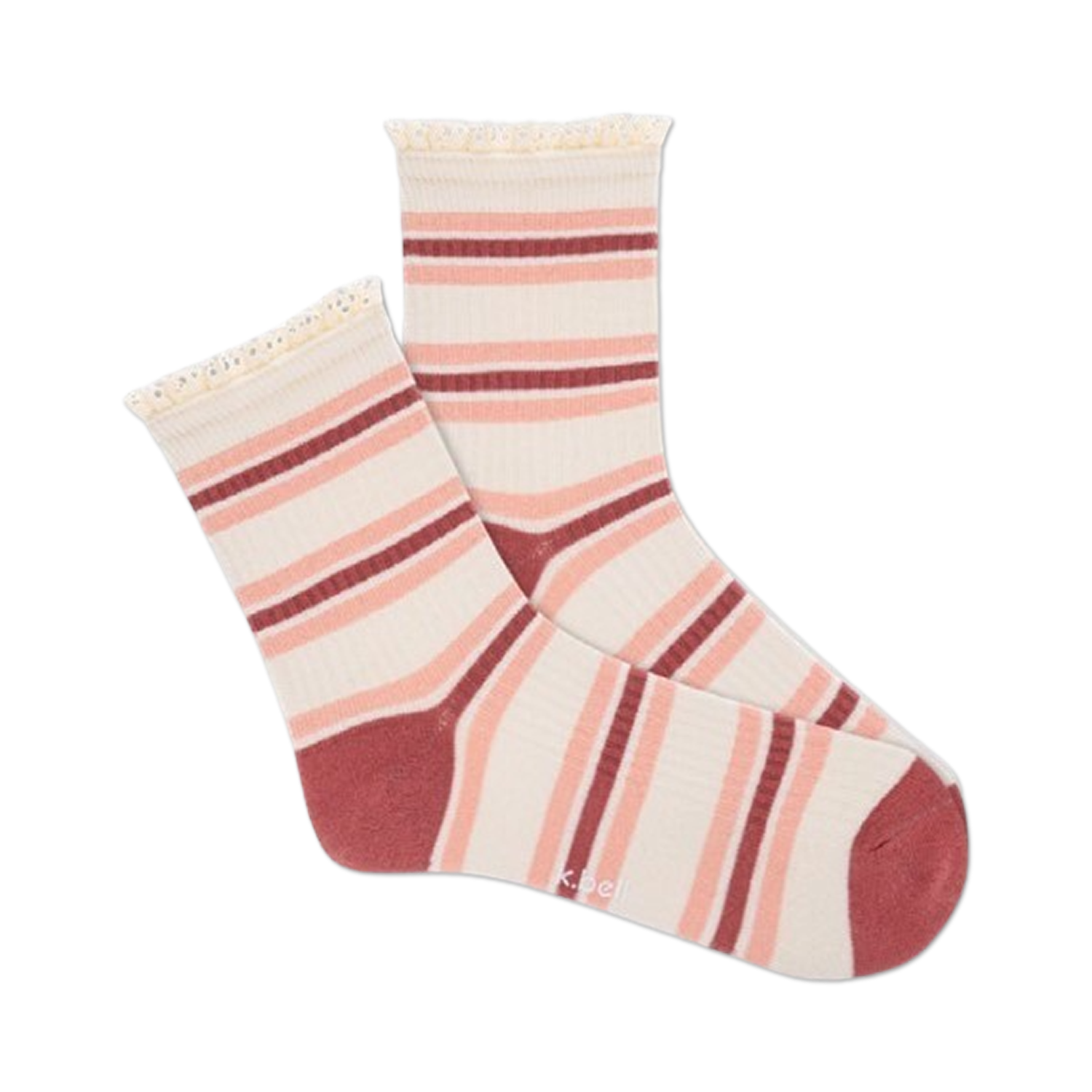Pair of women's ribbed quarter socks in cream and dusty rose, featuring horizontal stripes and a delicate crochet lace trim at the top.