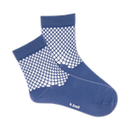 Pair of quarter-length socks in dusty blue with a white fishnet pattern. k.bell logo visible on the heel.