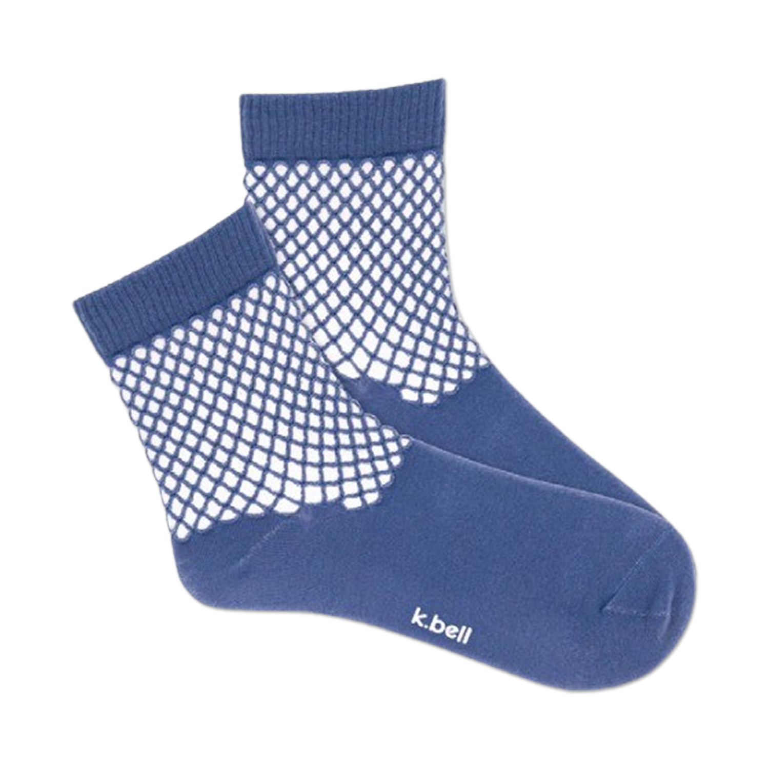 Pair of quarter-length socks in dusty blue with a white fishnet pattern. k.bell logo visible on the heel.