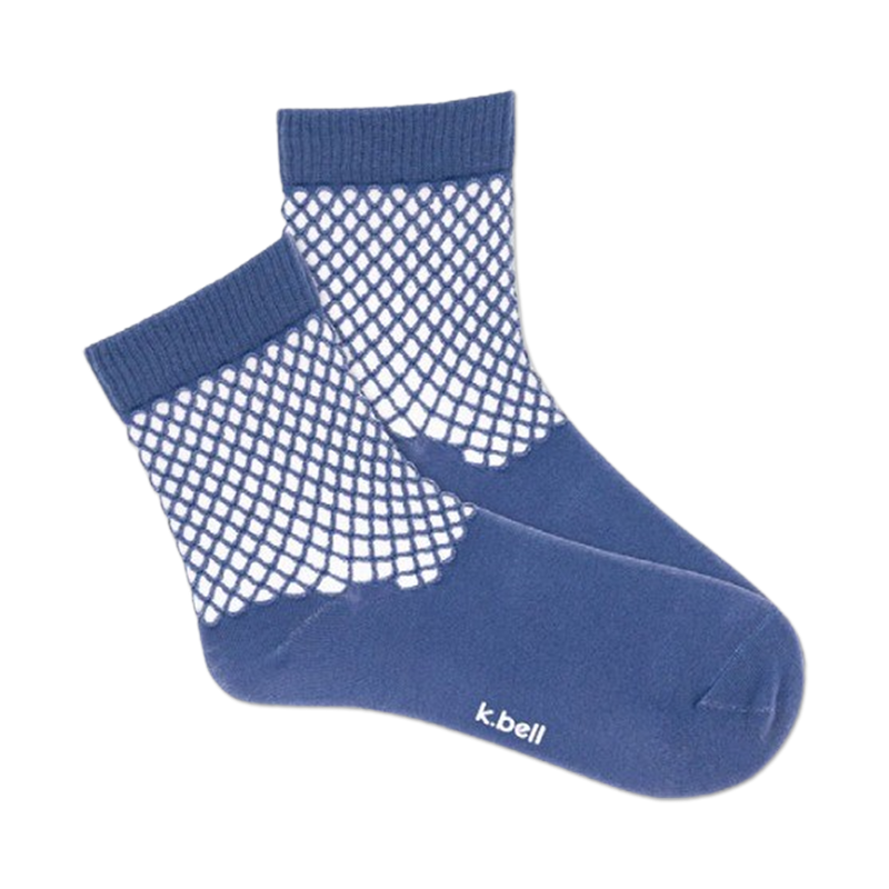 Pair of quarter-length socks in dusty blue with a white fishnet pattern. k.bell logo visible on the heel.